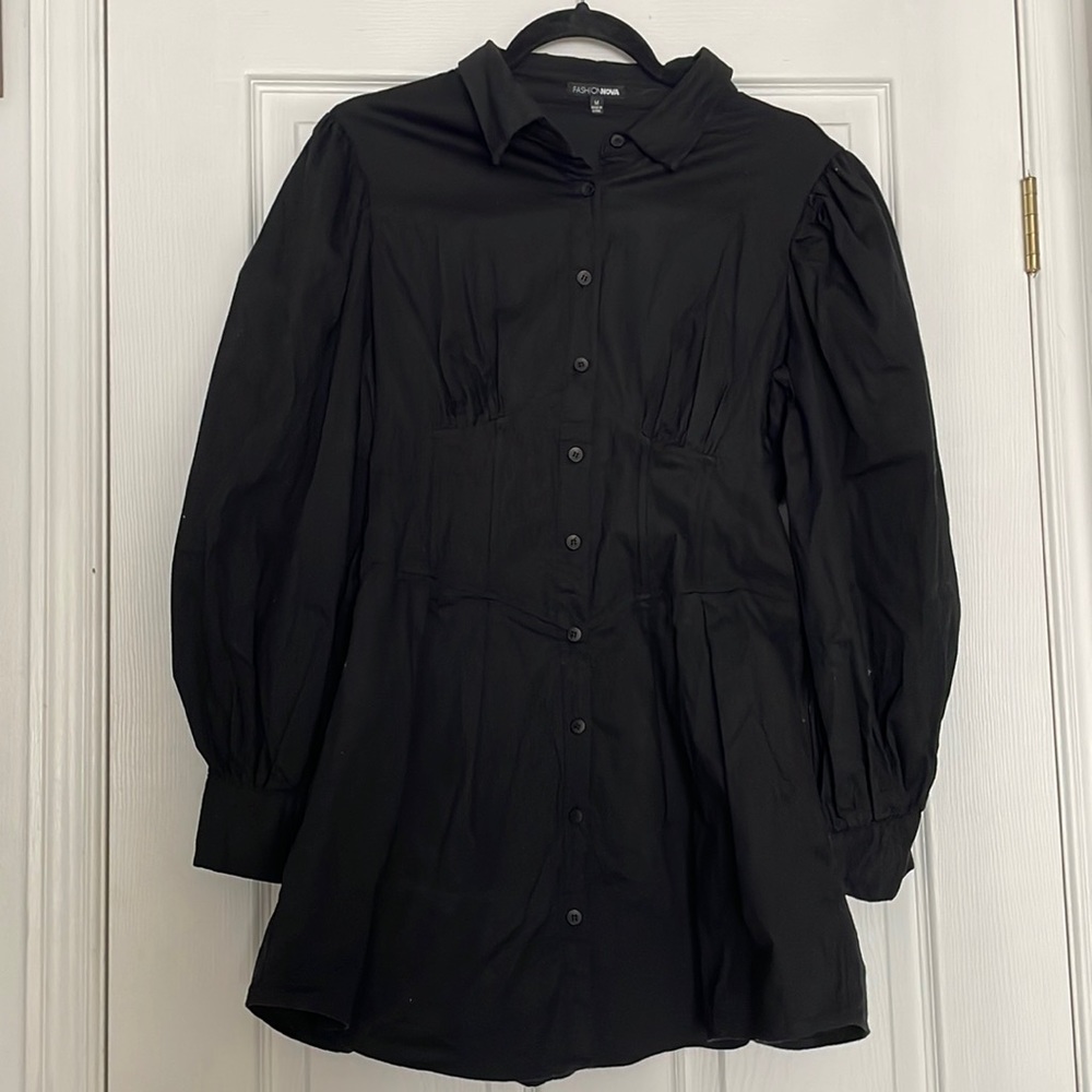 Black bishop sleeve shirt dress with corset
